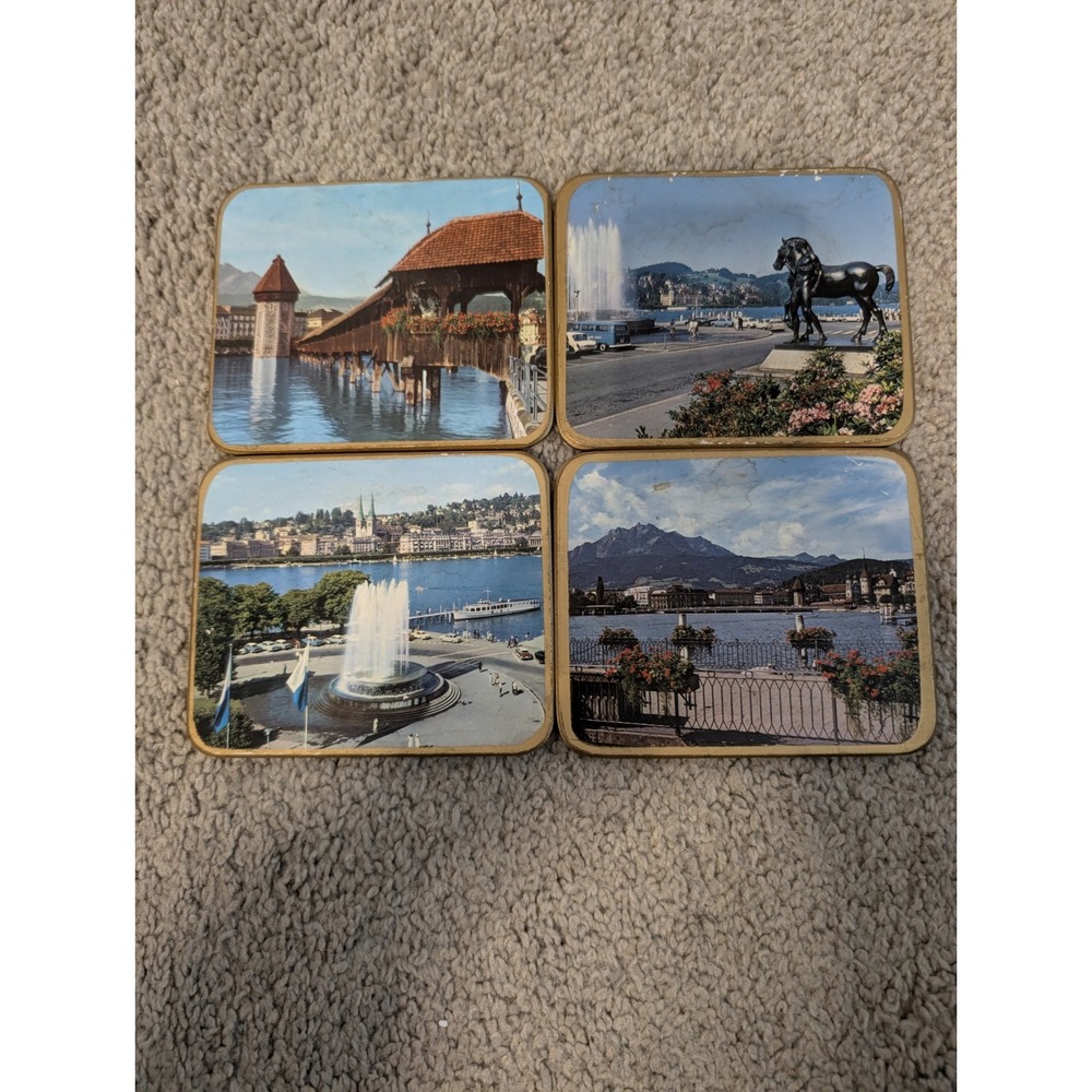 Vintage Lucerne Switzerland‎ Cork Coasters Set of 4 Mid Century Travel Souvenir